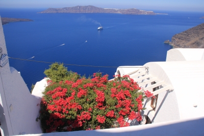 Santorini casa flores Santorini casa con flores